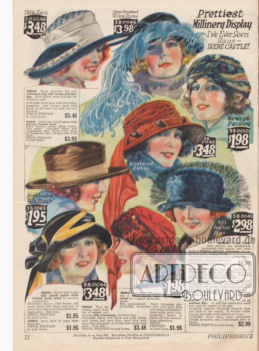 Kleidsame Damenhüte aus Seiden-Plüsch, Samt und Crêpe de Chine. Straußenfedern, Perlenstickereien und schalartige Hutverzierungen gehören zur Hutmode 1922-23. Der Druck ist aufgrund der nicht übereinanderliegenden Farben sehr unscharf.