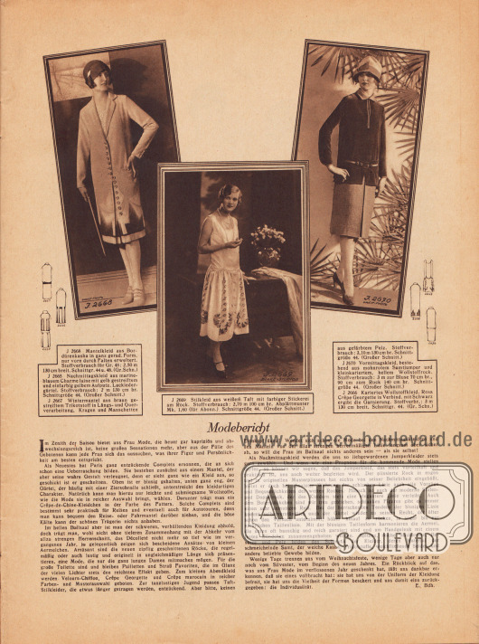 Seite mit dem einführenden „Modebericht“ von „E. Bdh.“ sowie mit Erklärungen für die Modelle der Titelseite und den drei Fotographien darüber.
Oben links präsentiert sich ein Mantelkleid aus Bordürenkasha in strenger gerader Linie, das sich nur durch tiefe Falten vorne erweitert. In der Mitte zeigt sich ein Stilkleid aus weißem Taft und sich farbig absetzender Stickerei. Es folgt ein Vormittagskleid aus bestehend aus einem mohnrotem Samtjumper und einem kleinkarierten Wollstoffrock.
Fotos: Press-Photo und Blake Studios, USA.