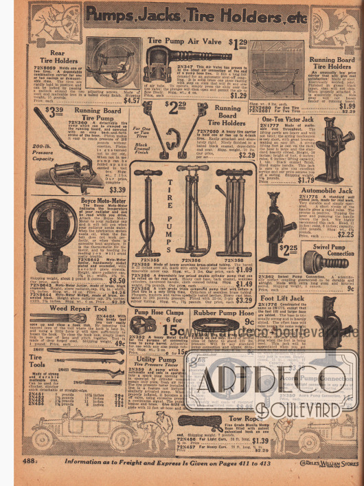 „Pumpen, Wagenheber, Radhalterungen, etc.“ (engl. „Pumps, Jacks, Tire Holders, etc.“).
Autoreifenhalter für das Automobilheck oder das seitliche Trittbrett, Reifenpumpen mit Hebel, ein „Boyce Moto-Meter“ zum Temperaturmessen des Motors und Kühlers, Handpumpen, Wagenheber mit Fußbetätigung, ein Pumpenanschluss, Reparaturwerkzeug zum Reifenwechsel, eine Pumpenschlauchschelle, ein Pumpenschlauch aus Gummi, eine Pumpe die über den Motor produzierte Druckluft arbeitet (mit integriertem Luftdruckmesser), Ventilaufsätze sowie ein Abschleppseil.