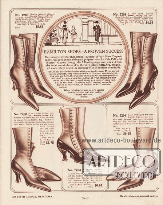 „Hamilton Schuhe – Ein erwiesener Erfolg“ (engl. „Hamilton Shoes – A Proven Success“).
Hochpreisige Damenstiefeletten zum Schnüren aus „Cabretta“ (südamerikanisches Haarschaffell), Lackleder oder Chevreauleder (Ziegenleder). Die Stiefelschäfte sind ebenfalls aus diesen Ledern oder Nubuk-Leder (Rau- bzw. Veloursleder). Die erhältlichen Farben sind Hellbraun, Braun, Havannabraun oder Schwarz. Die Schuhkappen sind spitz zulaufend und bei den Absätzen sind geschwungene Louis XIV Absätze und einmal dicke, breite Militärabsätze ausmachbar. Ein Schuhmodell mit seitlicher Knöpfung. Die Damenschuhe können zudem in verschiedenen Breiten (E, sehr breit; D, mittelbreit; C mittel schmal) bestellt werden.
