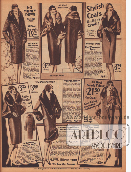 „Stilvolle Mäntel – Zu günstigen Kreditkonditionen“ (engl. „Stylish Coats – On Easy Credit“).
Elegante Wintermäntel aus Woll-Chinchilla, Woll-Breitgewebe oder Woll-Velours („Wool Chami-Suede“) zu Preisen von 19,95 bis 39,50 Dollar für modebewusste Damen.
Als Pelzverbrämungen wurden auf Biber gearbeitetes Kaninchen, amerikanisches Opossum, koreanischer Fuchs („Sable Blended Vicuna Fur“), importiertes Kaninchen oder chinesisches Schaf („Mandel fur“) verarbeitet. Als Futterstoffe dienen „Venetian“ (?), Seiden-Satin, Satin de Chine oder Satin. Ziernähte und Paspeln bilden dekorative Muster zumeist in der Rückenpartie.