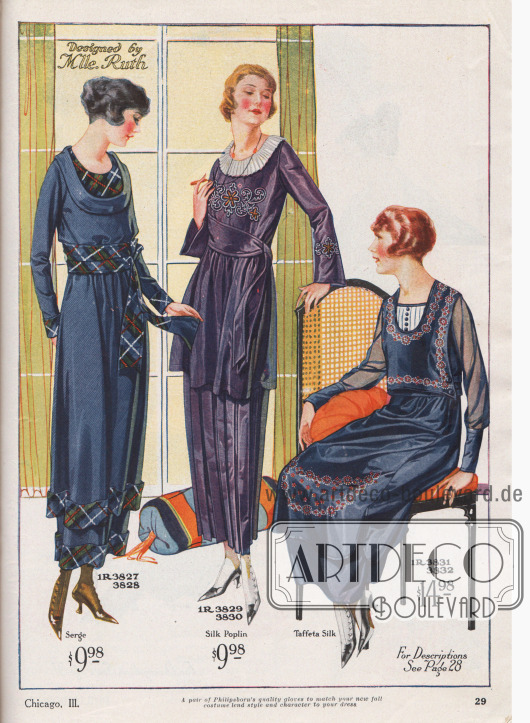 Günstige Tages- und Nachmittagskleider aus marineblauem Baumwoll-Woll-Serge, pflaumenfarbenem Seiden-Popeline und Taft-Seide für Damen – designt von der Pariser Modeschöpferin Mlle Ruth.
Das erste Kleid lebt vom Kontrast des unifarbenen Stoffes mit der Kombination von kariertem Material. Der karierte Stoff wurde für Ausschnitt, Ärmelmanschetten, Doppelgürtel und den neuartigen Aufschlagsaum an Über- und Unterrock verwendet. Rund drapierter Schalkragen.
Beim zweiten Kleid zieren Stickereien Brust und Unterärmel der um die Hüften gerafften Tunika. Der plissierte Rundkragen ist aus weißem Chiffon. Kunstvoll drapierter Schärpengürtel aus Stoff sowie rundum mit Kellerfalten versehener Rock.
Das dritte Modell besitzt einen schürzenartig geschlitzten Oberrock sowie ein harnischartiges Paneel, das Brust und Rücken bedeckt und mit Zierknöpfen befestigt ist. Rock und Paneel sind aus farbig bedrucktem Stoff, der wie Perlstickerei wirkt. Duftige Georgette-Ärmel mit engen Manschetten sowie plissierter Westeneinsatz aus weißem Georgette.