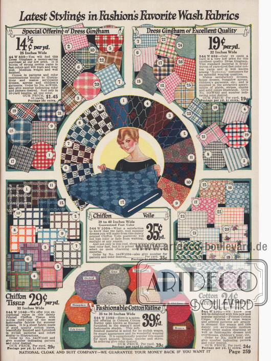 Waschbare, bedruckte Stoffe wie Gingham, Chiffon-Schleierstoff, Baumwoll-Ratine und Baumwoll-Krepp zu günstigen Preisen.
