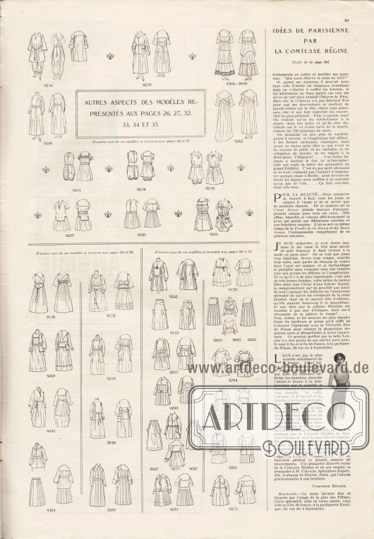 Artikel:
Comtesse Régine, Idées de parisienne par la comtesse régine.
Auf dieser Seite befinden sich die Vorder- sowie die Rückansichten der Modelle der Seiten 26-27 und 32-35.
