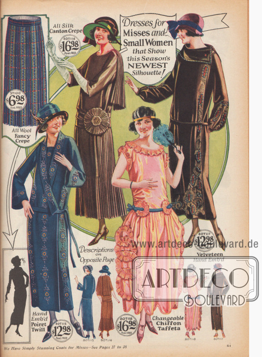 Kleider für junge und kleine Frauen in der „neuesten Silhouette der Saison“. Das Stilkleid in lachsrosafarbenem Chiffon-Taft ist der Schick der Abendmode 1923.