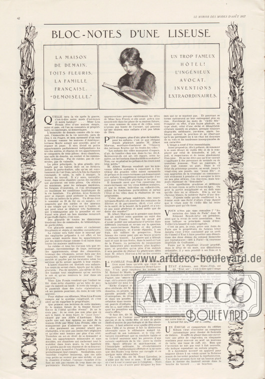 Artikel:
O. V., Bloc-Notes d’une Liseuse (La maison de demain, toits fleuris, la famille française, ‚demoiselle’, un trop fameux hôtel!, l’ingénieux avocat, inventions extraordinaires).