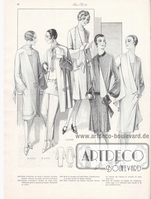 8588: Robe d’intérieur en kasha à devants arrondis, fuyants. Echarpe en pareil, broderie soutachée.
8589: Pyjama trois-pièces. Modèle en crêpe satin, richement garni de galons en argent. Parements en castor.
8590: Robe de chambre en kasha blanc. Grands revers et poches bordés de galons ondulés.
8591: Robe d’intérieur en velours imprimé. Revers en velours uni, bandes et ceinture en crêpe satin noir.
8592: Robe de chambre en lainage fin compliquée d’une cape. À la fermeture une cascade et de gros boutons-olives.