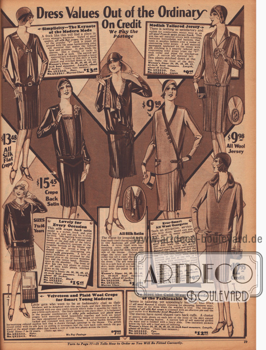 „Ungewöhnliche Kleider-Schnäppchen. Auf Kredit – Wir zahlen das Porto“ (engl. „Dress Values Out of the Ordinary. On Credit – We Pay the Postage“).
Sechs einfache Vormittags- und Tageskleider sowie elegante Nachmittagskleider aus Seiden Krepp, Seiden-Satin Krepp, französischem Woll-Jersey, Seiden-Satin mit Seiden-Georgette, Woll-Georgette Krepp mit Woll-Flanell kombiniert sowie Woll-Flanell.
Die Röcke werden durch Faltengruppen, Plissees oder Quetsch- und Kellerfalten erweitert. Mehrere Kleider mit Schleifen, Jabot- und Garniturteilen, Plastrons (eingenähte Stoffeinsätze am Oberteil bzw. Westeneinsätze) oder Schalkragen aus Spitze. Ein Modell mit fellbesetztem Kragen aus „Mandel fur“ (chinesisches Schaf).
Unten links eine farb- und stofflich abgestimmte Kombination aus seidigem, dunklem Samt und hellem, kariertem Wollstoff für 7 bis 14-jährige Mädchen.