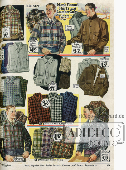 Hemden aus schweren Stoffen wie Wolle und Flanell sowie Lumberjacks (Holzfällerjacken) aus Wollstoffen.