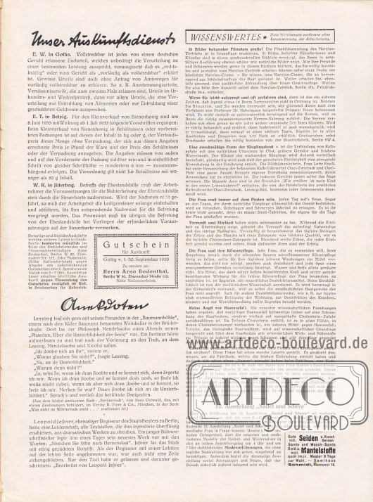 Artikel:
O. V., Unser Auskunftsdienst;
O. V., Anekdoten;
O. V., Wissenswertes.
Werbung:
12. Ausstellung „Nadel und Schere“ vom 2. bis 6. September 1933 im Saalbau Friedrichshain in Berlin;
Samthaus Schmidt, Hannover 16.