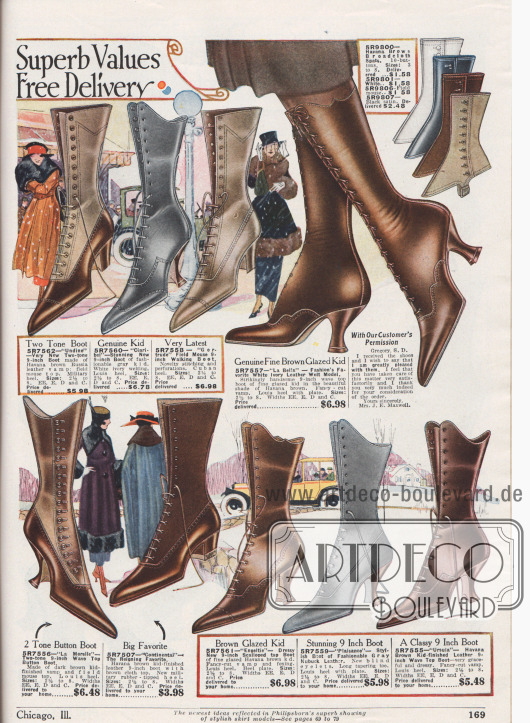 „Bestes Preis-Leistungs-Verhältnis – Kostenlose Lieferung“ (engl. „Superb Values – Free Delivery“).
Hohe Schnürstiefel mit spitzen Kappen und leichten Lochlinienperforationen aus hellbraunem, braunem, dunkelbraunem, hellgrauem oder mittelgrauem Juchtenleder (engl. „Russia leather“), Chevreauleder (Ziegenleder), glänzendem Chevreauleder oder Nubukleder (Rauleder) für Damen. Bei mehreren Modellen ist der Schuhschaft aus Stoff gearbeitet. Zur Wahl stehen Stiefel mit Louis XIV oder Kubanischen Absätzen. Ein Modell mit seitlicher Knopfleiste als Verschluss unten links.
Oben rechts befinden sich Gamaschen aus Breitgewebe in vier verschiedenen Farben.