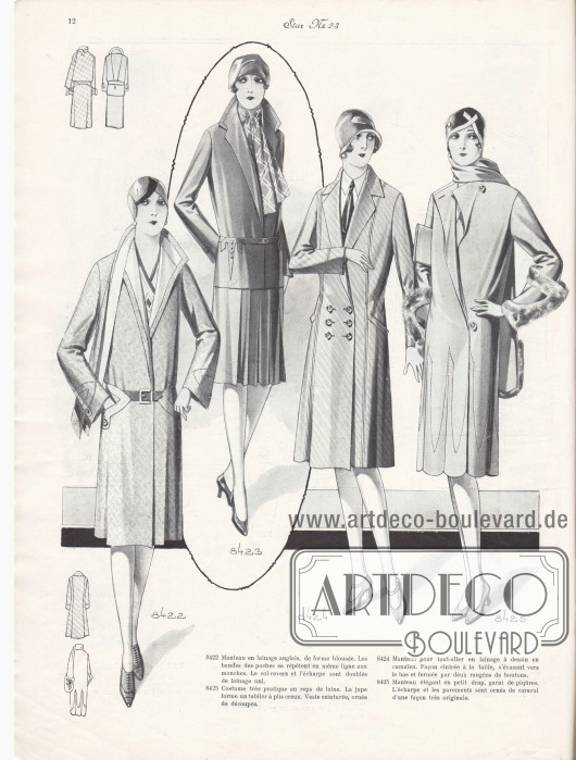 8422: Manteau en lainage anglais, de forme blousée. Les bandes des poches se répètent en même ligne aux manches. Le col-revers et l’écharpe sont doublés de lainage uni.
8423: Costume très pratique en reps de laine. La jupe forme un tablier à plis creux. Veste ceinturée, ornée de découpes.
8424: Manteau pour tout-aller en lainage à dessin en camaïeu. Façon cintrée à la taille, s’évasant vers le bas et fermée par deux rangées de boutons.
8425: Manteau élégant en petit drap, garni de piqûres. L’écharpe et les parements sont ornés de caracul d’une façon très originale.