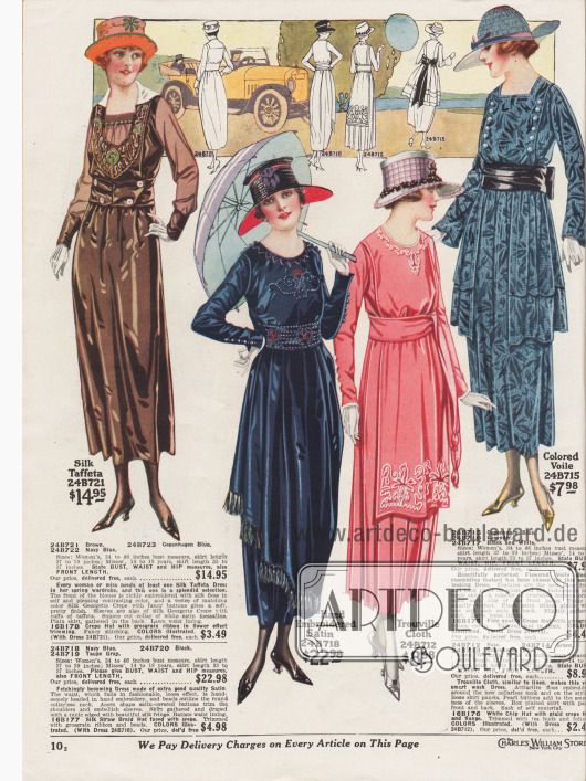 Vier Damenkleider für das Frühjahr aus changierendem Seiden-Taft, handbesticktem Satin, Trouville Stoff (leinenähnlicher Stoff aus Baumwolle) oder mit Blumen gemustertem Voile (Schleierstoff).
Das Oberteil des ersten Kleides ist kunstvoll mit Rohseidenfasern bestickt. Die Ärmel sind aus duftigem Seiden-Georgette Krepp. Auch das zweite Kleid ist mit Stickerei an Ausschnitt, Brust und Gürtelschärpe versehen. Tunika mit Seidenfransen. Das dritte Modell besitzt einen plissierten Rock sowie eine bestickte Schürze. Das vierte Kleid zeigt eine vorne unterbrochene Tunika sowie ein Brustpaneel mit beidseitigen Zierknopfleisten.