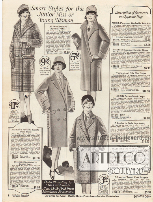 „Pfiffige Moden für den Backfisch oder die junge Frau“ (engl. „Smart Styles for the Junior Miss or Young Woman“).
Frühjahrs- und Sportmäntel für junge Damen im Alter von 13 bis 19 Jahren. Die Mäntel sind aus kariertem Wollgewebe, „wool polaire“, Woll-Velours oder Tweed mit Fischgrätenmuster.
Die Mäntel zeigen aufgesetzte Taschen und interessant gearbeitete Ärmelstulpen. Geschlossen werden die Modelle entweder mittels einem großen Knopf oder über zwei Knöpfe (zweireihige Exemplare).