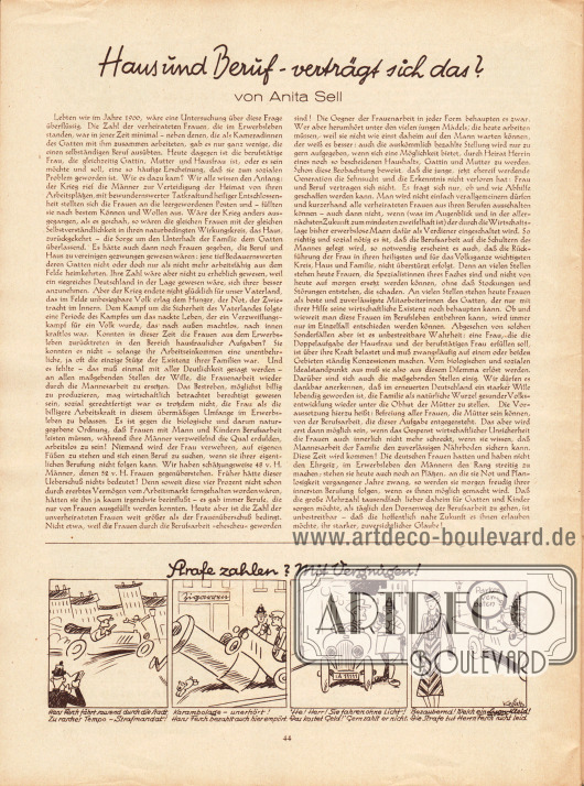 Artikel:
Sell, Anita, Haus und Beruf - verträgt sich das?
Vier Karikaturen: Strafe zahlen? Mit Vergnügen!
Zeichnungen: Hans Kossatz (1901-1985).