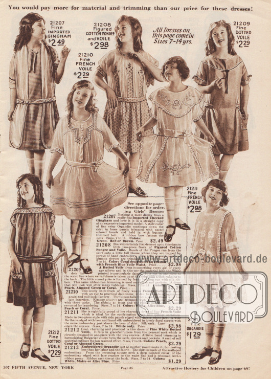 Feine Kleidchen aus importiertem Gingham, französischem Schleierstoff, bedruckter Baumwoll-Seide und Schleierstoff, gepunktetem Schleierstoff sowie hauchfeinem Organdy für 7 bis 14-jährige Mädchen.
Während einzelne Modelle für die Schule gedacht sind, sind die feinen Kleidchen mit weißen Spitzenborten und Stickereien für festliche Anlässe wie beispielsweise Konfirmationen gedacht.