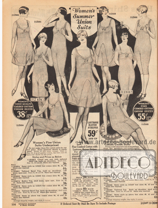 „Sommerliche Hemdhosen für Frauen“ (engl. „Women’s Summer Union Suits“).
Damenunterwäsche für den Sommer bestehend aus gerippter oder gekämmter Baumwolle. Die Beine der ärmellosen Hemdhosen enden knapp über oder unter den Knien und sind wahlweise weit oder enganliegend gearbeitet.