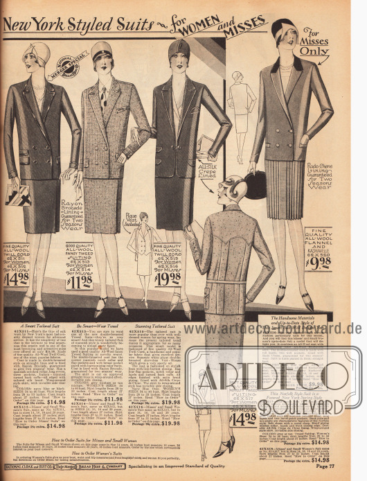 In herrenmäßiger Fasson präsentieren sich diese Kostüme für Frauen. Die Modelle sind aus Woll-Twill, Woll-Tweed sowie Woll-Flanell und Kasha. Abgesehen von einem Modell sind alle gezeigten Kostümjacken doppelreihig. Zwei der Jacken sind mit leicht glänzenden Tressen versehen, eine Jacke zeigt einen schwarzen Samtkragen.
Unten rechts befindet sich ein Kostüm im sog. „Norfolk Stil“. Charakteristisch sind die Gürtelung und die eingearbeiteten Falten im Rücken. Besonders für den Sport sind Norfolk Kostüme geeignet und gedacht.
