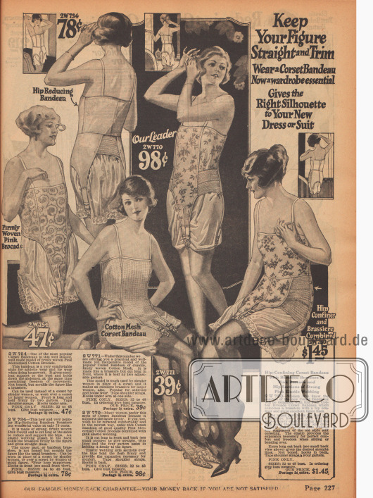 Bustier-Korsetts, die den Bauch und teilweise auch die Hüften abflachen. Vorne oder seitlich sind die Bustiere verlängert, um die Strumpfbänder zu halten. Die Stoffe (meist Baumwolle) sind mit Ornamenten verziert.