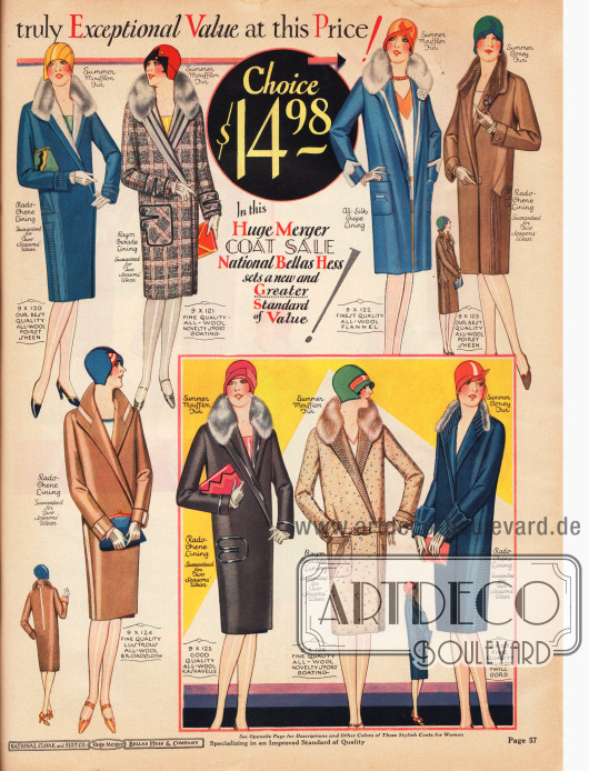 Frühjahrsmäntel zum Einzelpreis von 14,98 Dollar für Frauen aus Poiret-Wolle, sportlich gemustertem Wollstoff, Woll-Flanell und Woll-Breitgewebe. Fast alle Mäntel sind mit Mufflonfell (Wildschaf) oder auch Kaninchenpelz am Kragen besetzt.