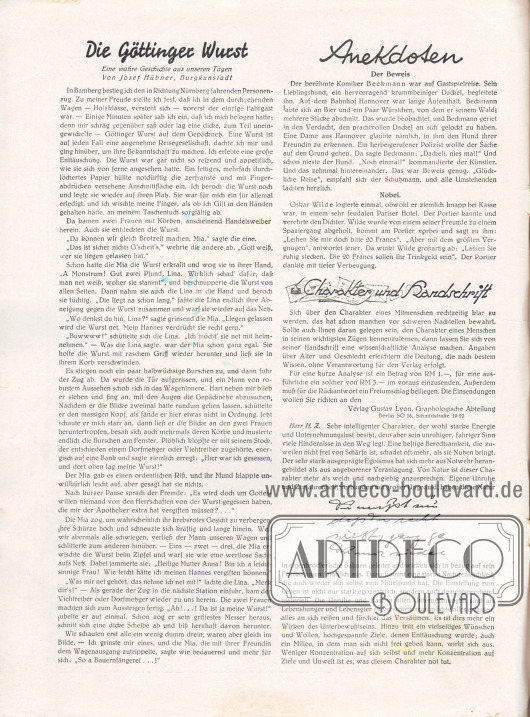 Artikel:
Hübner, Josef, Die Göttinger Wurst. Eine wahre Geschichte aus unseren Tagen von Josef Hübner, Burgkunstadt;
o. V., Anekdoten (Der Beweis, Nobel);
o. V., Charakter und Handschrift.