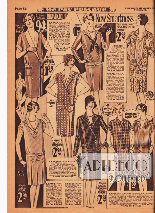 Günstige einfache Tages- und Straßenkleider sowie Haushaltskleider, Kittelkleider und „porch dresses“ (dt. Verandakleider).
Die Kleider sind aus Baumwoll-Breitgewebe, bedrucktem Foulard, merzerisiertem Baumwoll-Breitgewebe, Baumwoll-Pikee, Baumwoll-Pongee und kariertem Gingham.