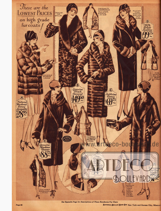 Weitere Seite mit Pelzmänteln und einer Pelzjacke für die Dame aus Kaninchenpelz (A, C), persischem Schafspelz (B), Robbenpelz (D), Bieberpelz (E) und Waschbärpelz (H). Auch ein Pelzset zum Selbstaufnähen aus Bieberpelz (F) ist bestellbar.
