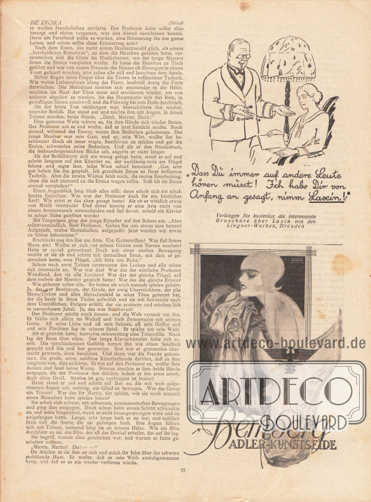 Artikel:
Welten, Heinz, Die Eroika.
Werbung:
Laxin, Lingner-Werke Dresden;
Bemberg Adler-Kunstseide, Illustration: Axster Heudtlass, Berlin (1898-1949).