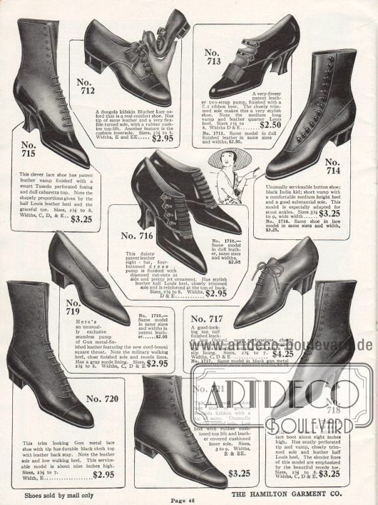 Zwei Schnallenschuhe, ein Paar Pumps, ein gewöhnliches Paar Oxfords, ein Blücher Oxford für Damen und fünf Stiefeletten sind auf dieser Seite zu finden. Diese Schuhe der günstigen Preiskategorie sind aus Lackleder oder Ziegenleder. Auffällig ist, dass die Absätze der meisten Schuhe hier eher flach sind.