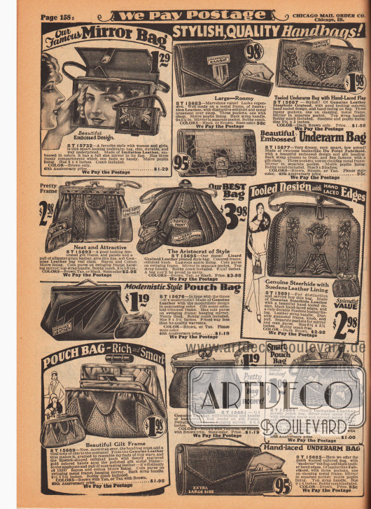 Handtaschen, Rahmenhandtaschen, Beuteltaschen und Schminktaschen für Damen.
Die Handtaschen sind aus Lederimitaten („Du Point Fabrikoid“) mit reptilien-, eidechsen- oder alligatorenartig genarbter Oberfläche sowie auch echtem Leder. Einige Modelle besitzen einen Metallrahmen mit Tragegurt, andere einen Riemen auf der Oberseite zum handlichen zwischen den Arm klemmen (engl. „Underarm Bag“). Druck- und Klemmverschlüsse. Einzelne Handtaschen zeigen eine ornamentierte Oberfläche (Mitte rechts) oder ein modernistisches Dekor (Mitte links unten). Ein Modell mit großem Spiegel links oben.