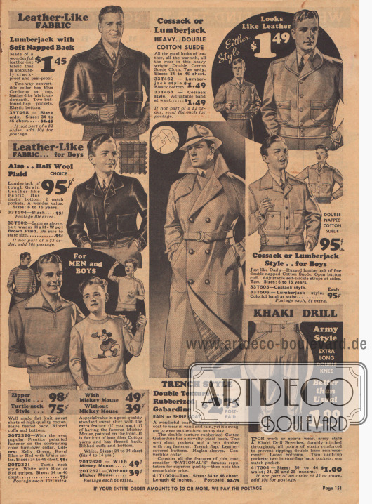 Jacken aus Leder ähnlichem Material. Knickerbocker im Armee Stil und ein Trenchcoat aus gummiertem Gabardine. Links unten: Pullover mit Reißverschluss und ein Pullover mit Micky Maus Aufdruck.