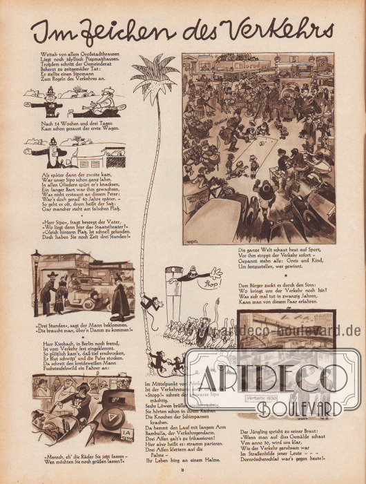 Artikel (Reim):
O. V., Im Zeichen des Verkehrs.
Zeichnungen/Illustrationen: Hans Kossatz (1901-1985).