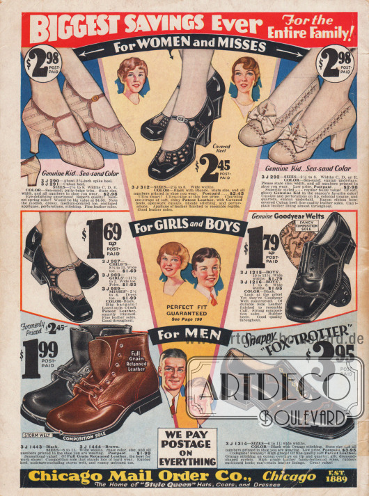 Damen–, Kinder– und Herrenschuhe. Links unten sind Arbeitsschuhe für Männer.