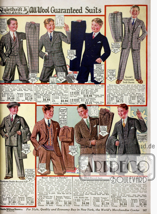Anzüge für Jungen im Alter von 6 bis 16 Jahren wahlweise mit langen Hosen oder kurzen Kniebundhosen. Die Anzüge sind aus Cheviot, Woll-Tweed und anderen reinen Wollstoffen. Die Anzüge mit Gürtel und großen Taschen im sogenannten Norfalk-Stil sind besonders für sportliche Aktivitäten gedacht.