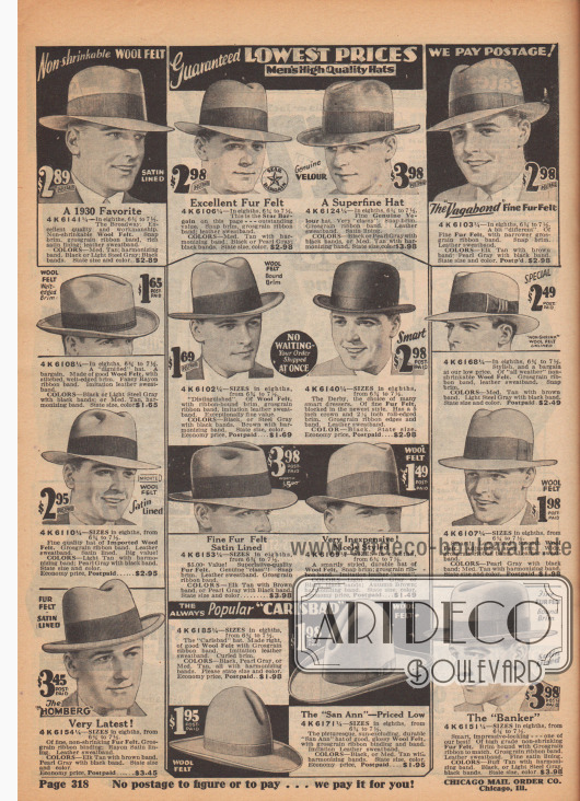 Broadway Hüte mit dünner, leicht abgeknickter Krempe (auch Fedora Hut genannt), Homburgs mit dicker, hochgebogener Krempe, ein Derby Hut (Melone) und zwei „Cowboy“ Hüte.