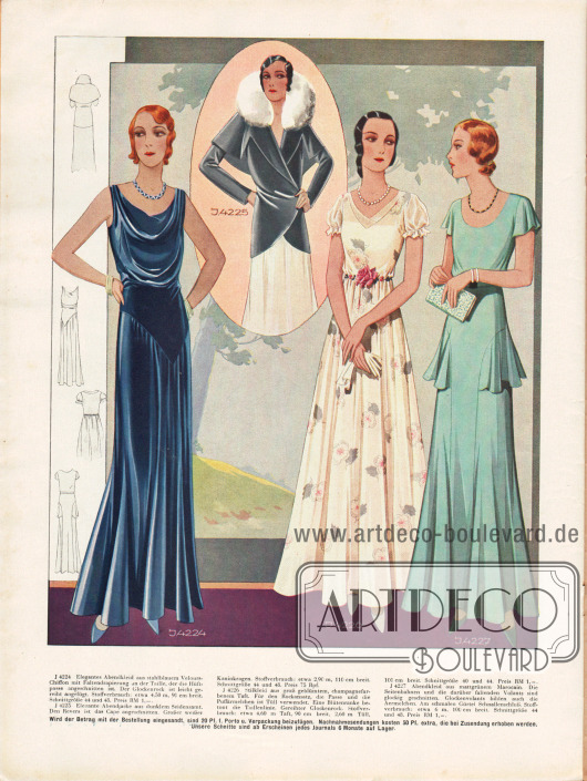 Elegante Abendkleider aus Velours-Chiffon, geblümtem Taft und Marocain und eine Abendjacke aus Seidensamt.
Das stahlblaue Abendkleid in gerader Linie zeigt eine Faltendrapierung an Brust und Taille. Eine ganz andere Linie zeigt das champagnerfarbene Stilkleid, das durch den weiten Rock, den gepufften Ärmeln aus Tüll und der Blütenranke als Gürtelersatz sehr romantisch wirkt. Mattgrüner Marocain ist die Grundlage für das recht einfach gehaltene Abendkleid rechts, das durch Volants an Ärmeln und Hüfte sowie dem glockigen Rock die charakteristische Linie erhält.
Ein buschiger weißer Kragen aus Kaninchenpelz umrahmt das Gesicht der Trägerin der Abendjacke (oben Mitte). Das Cape geht hier direkt in den Kragen über.