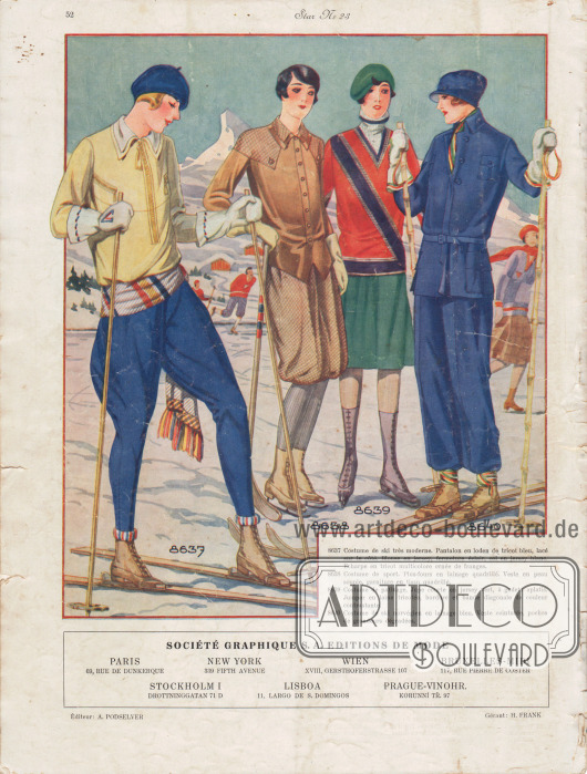 8637: Costume de ski très moderne. Pantalon en loden de tricot bleu, lacé sur le côté. Blouse en jersey, fermeture éclair, col en jersey blanc. Echarpe en tricot multicolore ornée de franges.
8638: Costume de sport. Plus-fours en lainage quadrillé. Veste en peau souple, garniture en tissu quadrillé.
8639: Costume de patinage. Jupe courte en jersey vert, à godets aplatis. Jumper en laine tricotée, bordure et bande diagonale de couleur contrastante.
8640: Costume de ski norvégien en lainage bleu. Veste ceinturée, poches de grandeurs dégradées.
Société Graphique S. A. Editions de Mode.
Paris, 69, Rue de Dunkerque; New York, 399 Fifth Avenue; Wien, XVIII, Gersthoferstrasse 107; Bruxelles-Midi, 117, Rue Pierre de Coster; Stockholm I, Drottninggatan 71 D; Lisboa, 11, Largo de S. Domingos; Prague-Vinohr, Korunní Tř. 97.
Éditeur: A. Podselver; Gérant: H. Frank.