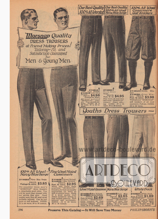 Doppelseite mit Herrenanzughosen und einer Kniebundhose der Marke „Morsnap“ aus Woll-Serge, Woll-Kaschmir, Canvas (dicht gewebter Baumwollstoff), „Palm Beach Cloth“ (Mischstoff aus Baumwolle und Mohair) und leichter Baumwolle.