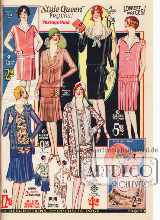 Damen- und Mädchenkleider aus Rayon-Satin, Seiden-Georgette und reiner Seide. Unten zeigen sich zwei Ensembles aus Seide und Baumwoll-Garbadine sowie ein Hut aus zartem Geflecht.