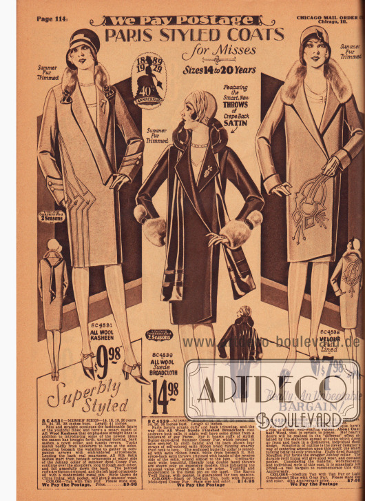 „Nach Pariser Mode gearbeitete Mäntel für junge Frauen von 14 bis 20 Jahre“ (engl. „Paris Styled Coats for Misses – Sizes 14 to 20 Years“).
Die Frühjahrsmäntel für Backfische (junge Frauen) sind aus Woll-Kasha, Woll-Velour-Brokat und reinem Velours gefertigt. Sommerpelze von Kaninchen und Mufflon (Wildschaf) wurden zur Verbrämung von Kragen und Unterärmeln verwendet. Abgesteppte Biesen ergeben die dekorative Aufmachung an den äußeren beiden Frühjahrsmänteln seitlich (linkes Modell) und im Schoß (rechtes Modell).