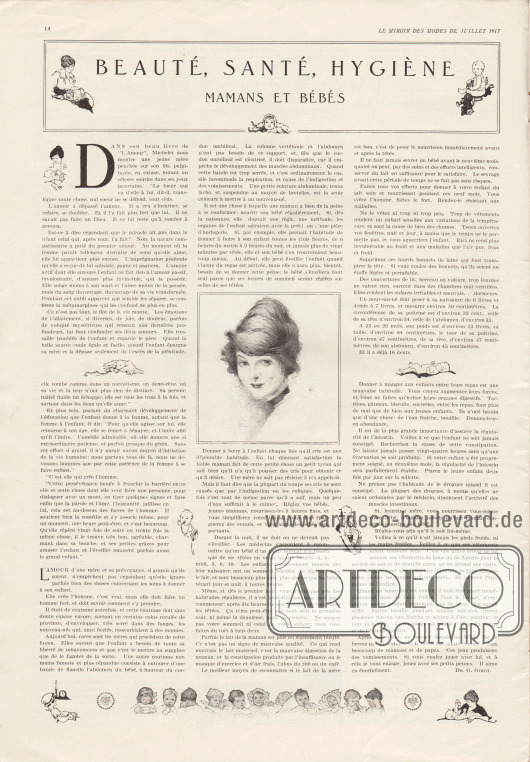 Artikel:
Gibot, Dr. G., Beauté, Santé, Hygiène. Mamans et Bébés (dt. „Schönheit, Gesundheit, Hygiene. Mütter und Babys“).