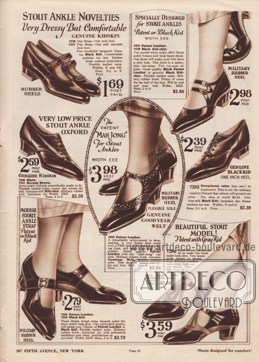 Oxfords und Schnallenschuhe aus Lackleder oder Chevreauleder (Ziegenleder) speziell für Damen mit breiten Sohlen (engl. „Stout Ankle Novelties“).
Die Schuhe zeigen niedrige Gummiabsätze oder breite, dicke, aber etwas höhere Militärabsätze (engl. „military heel“). In der Mitte der Seite befindet sich ein Schuhpaar mit T-Schnalle, das mit dem sog. „Goodyear Welt“ Produktionsprozess hergestellt wurde und die derzeit sehr populäre „Mah Jong“ Ausstanzung zeigt.