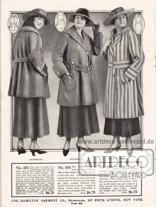Günstige hüftlange bis dreiviertellange Damenmäntel aus Velourette (leichtes, schmiegsames Material mit wollartiger Oberfläche) und neuartig gestreiftem Mantelstoff mit „Bedford cord effekt“.
Der erste Kurzmantel zeigt einen Kragen und Ärmelaufschläge aus gleichem Stoff in kontrastierender Farbgebung. Der abnehmbare Gürtel hält die Weite des Mantels zusammen. Diese Weite wird durch einen starken Faltenwurf im Rücken deutlich. Das mittlere Modell zeigt einen breiten, tief ansetzenden Schalkragen und interessante aufgesetzte Taschen mit großen Zierknöpfen. Das rechte Modell besitzt einen abnehmbaren Kragen aus blauer Faille Seide.