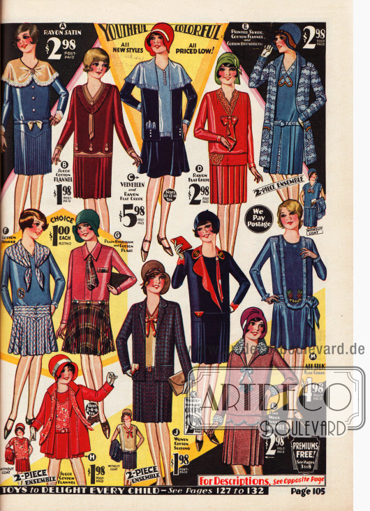 Elegante und sportliche Kleider sowie Ensembles für Mädchen im Alter von 7 bis 14 Jahre.
Die Kleider sind aus Rayon-Satin, Baumwoll-Flanell, Rayon Krepp, Baumwoll-Seide, Gingham und Baumwolle, Woll-Krepp, Woll-Kaschmir und Seiden Krepp hergestellt. Die Ensemble bestehen aus Samt und Rayon Krepp (oben Mitte), Baumwoll-Flanell und Baumwoll-Breitgewebe (oben rechts) und Baumwollgewebe (unten Mitte). Unten rechts findet sich noch ein Ensemble für Kleine Mädchen von 2 bis 6 Jahre aus rotem Baumwoll-Flanell.