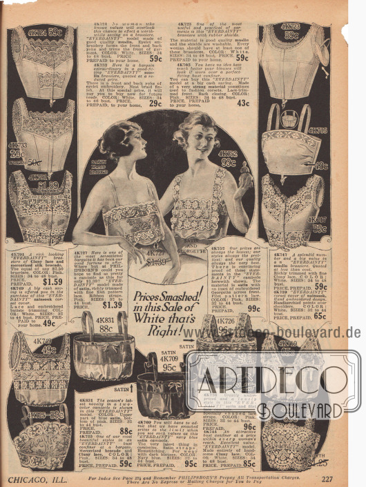 Doppelseite mit Oberteilen der Damenunterwäsche bestehend aus 14 „camisoles“ (dt.: „Damenuntertaillen“) aus Spitze, Batist oder besticktem Satin, die über, unter oder einfach ohne Bustier getragen werden.
Des Weiteren stehen acht „corset covers“ (kurze Hemdchen zum Schutz der Oberkleidung vor Korsettstäben) aus Spitze, Satin, Nainsook (dt.: besonders leichter Musselin) und acht sogenannte „bust confiners“ – auch „brassieres“ (dt.: Büstenhalter) genannt zum Abflachen und Formen der Brust – aus festen Geweben und Spitzen der Käuferin zur Verfügung. Rosa und Weiß überwiegen.