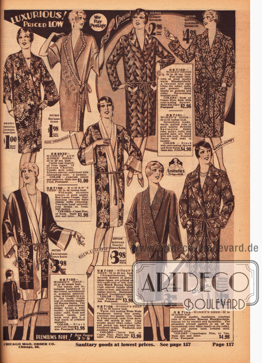 Morgenroben, Kimonos und Bademäntel für Frauen aus Baumwollstoffen, „Box Loom Crepe“, dickem Wollstoff, Satin, Rayon-Satin und Kordstoff. Einige Mäntel und Roben bestehen aus bedruckten, gemusterten sowie bestickten Stoffen und zeigen orientalische, fernöstliche oder ornamentale Musterungen. Einzelne Roben werden mit einem Seil (Kordel) als Gürtel geliefert. Oben rechts befindet sich ein „coolie coat“, der direkt aus Japan importiert wurde.