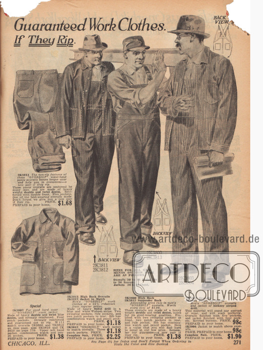 Doppelseite mit Overalls, Jacken, Arbeitshosen und Hemden aus verstärktem „denim“ (Jeansstoff) für Männer. Dreifachnähte, reißfeste Knopflöcher, rostfreie Knöpfe und durchgehende Mehrfachnähte (Mitte links) versprechen dauerhafte Dienstbarkeit der Arbeitskleidung.