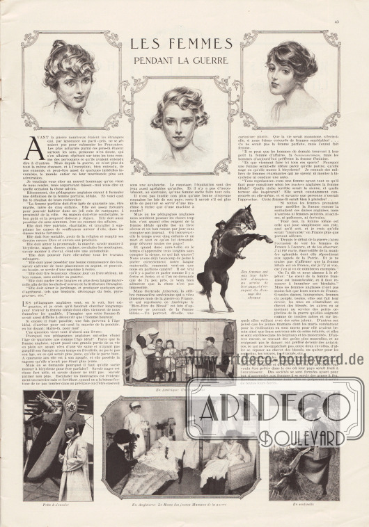 Artikel:
O. V., Les Femmes pendant la Guerre.
Der Artikel wird von Zeichnungen und Fotografien illustriert. Die Fotos besitzen die Bildunterschriften „Des femmes ont mis leur habileté d’écuyères au service de leur pays, et s’occupent du dressage des chevaux“, „En Amérique: Un Orphelinat“, „Prête à s’envoler“, „En Angleterre: Le Home des jeunes Mamans de la guerre“ sowie „En sentinelle“.