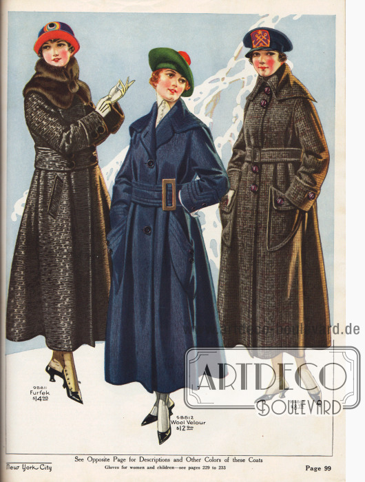 Drei Wintermäntel für Damen zum Preis von 8,75 bis 14,98 Dollar. Die Mäntel sind aus „Furfek“ (Pelzimitat mit Moiré-Musterung, ähnlich Lammfell), marineblauem Woll-Velours und Woll-Mischgewebe.
Der erste Mantel wird mit abnehmbarem und konvertierbar tragbarem Kragen aus Kaninchenfell geliefert. Die Taschen sind sorgsam eingearbeitet. Wie der erste Mantel zeigt auch der zweite Mantel einen breiten Gürtel. Jedoch sind beim zweiten die Taschen aufgearbeitet. Der dritte, recht militärisch angehauchte Mantel besitzt ebenfalls einen konvertierbaren Kragen. Aufgrund der schweren Qualität und des dicht gewebten Materials ist dieses Modell ungefüttert.