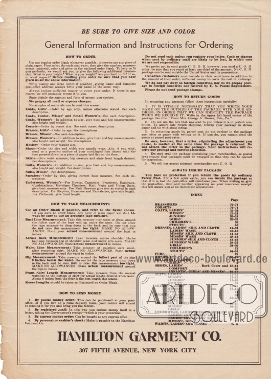 INDEX und „Allgemeine Informationen und Anweisungen für Bestellungen“ (engl. „General Information and Instructions for Ordering“).
Hier findet man Informationen wie Artikel konkret bestellt werden sollen, wie Maße akkurat zu nehmen sind, wie die Bezahlung zu erfolgen hat und wie Pakete zurückgesendet werden sollen.